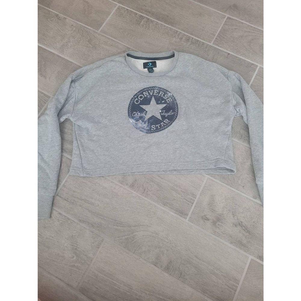 Converse Boxy Cropped Crew Neck Sweatshirt Gray Size Small